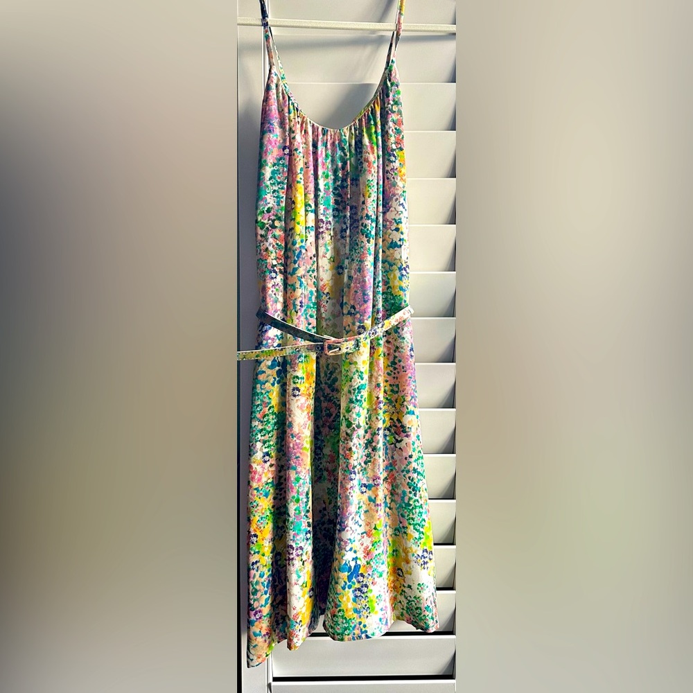 French Connection Floral Watercolor Multicolor Spaghetti Strap Belted Dress